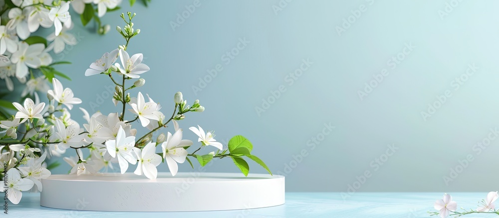 Wall mural White podium with lovely jasmine flowers on a light blue backdrop close up ideal for a presentation Includes copy space image