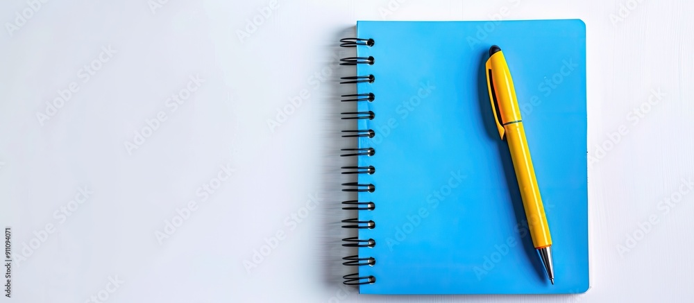 Poster white background with a blue notebook and yellow pen seen from above suitable for school or office u