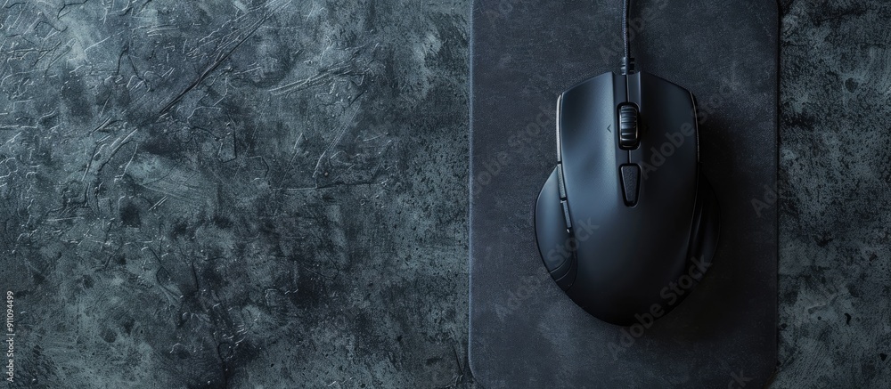 Poster top view of a wired mouse with a mousepad on a grey background provides copy space image