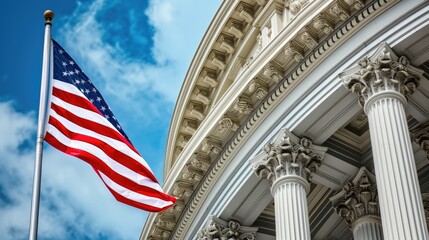 Fototapeta premium Blue Sky and American Flag Over Capitol