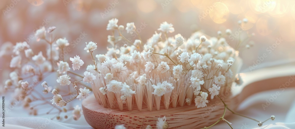 Poster image of a wooden brush adorned with delicate gypsophila flowers on a soft light background. copy sp