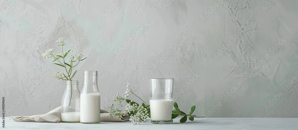 Wall mural Light background with a bottle and glass of alternative milk and herbs allowing text to be added in the copy space image