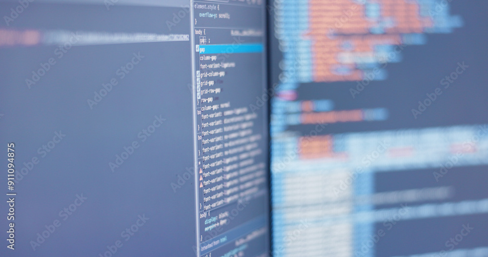 Poster Computer screen, programming and coding for software development, analysis and server. Empty, database and technology with research, it system and cyber security with digital password or website info