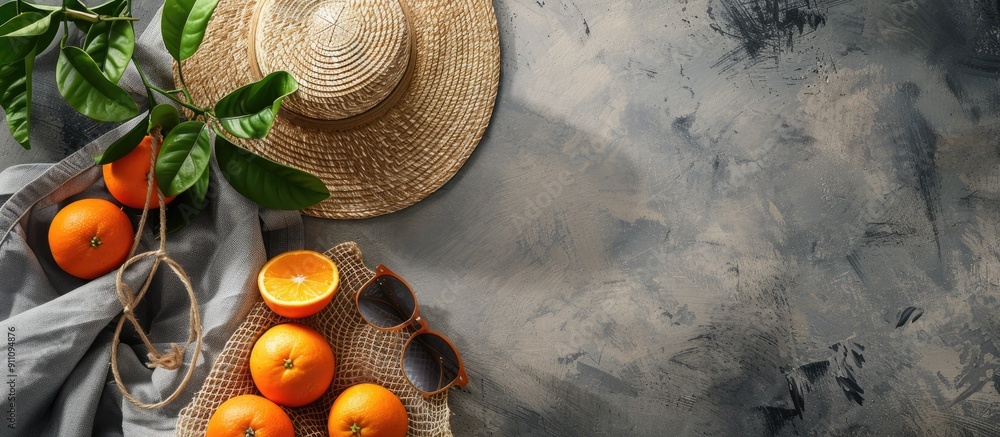 Poster top down view of a straw hat sunglasses and oranges in a mesh bag on a gray surface with room for ad
