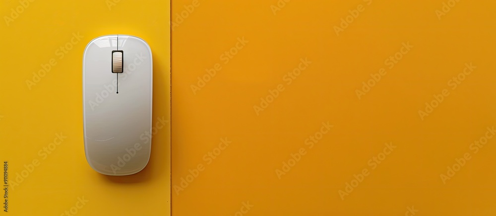 Poster top view of a white mouse pad on a yellow surface with a designated area for text in a copy space im