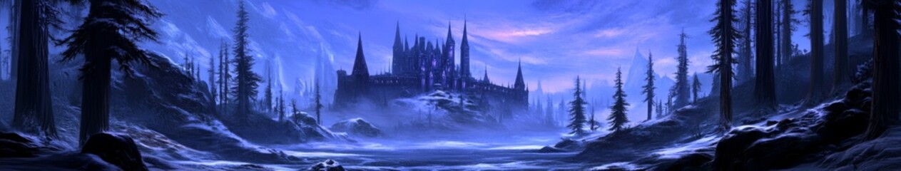Obraz premium Enchanting Winter Wonderland: Anime-Style Christmas Illustration with Snowy Forest and Fairy Tale Castle. Whimsical Cartoon Landscape for Children's Stories, Festive Wallpapers, and Holiday Marketing 