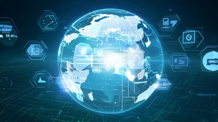 A digital globe showcases interconnected data icons, symbolizing technological progress and global communication trends - Powered by Adobe