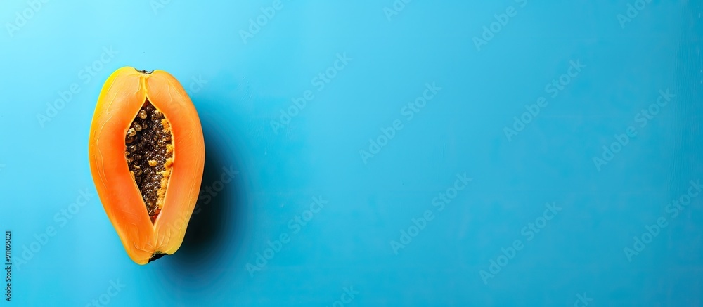 Poster top view of a papaya against a blue backdrop with ample copy space image available