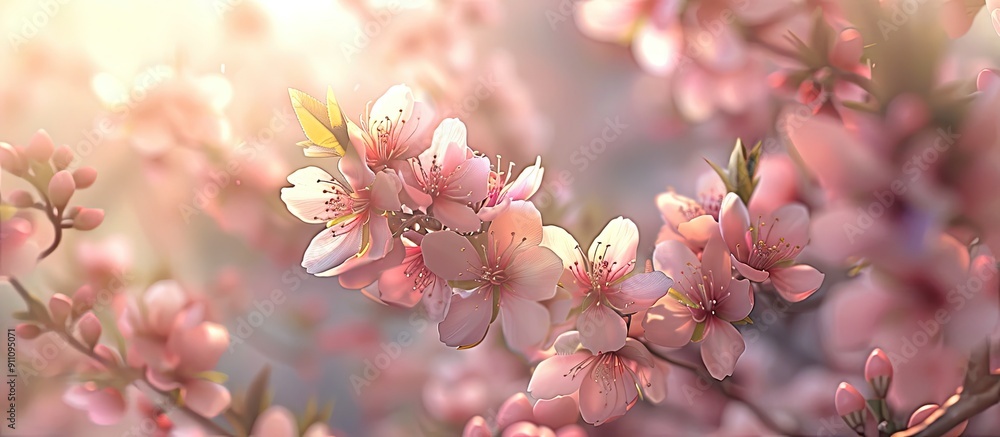 Poster in spring almond tree branches burst with full bloom flowers creating a picturesque scene with copy 