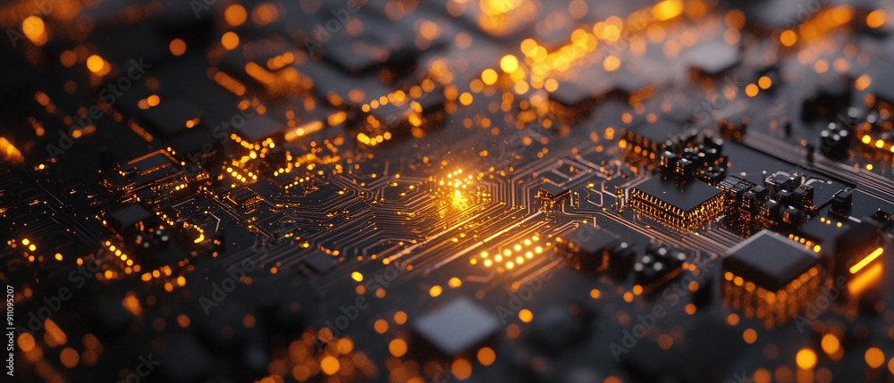 Aufkleber graphic image of an electronic circuit board in a computer with golden sparkles. ai generate.