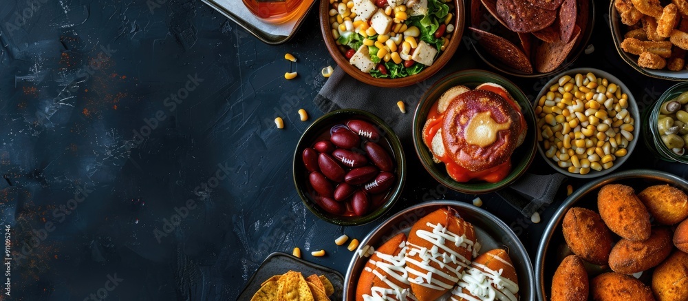 Poster top view of super bowl party snacks on a dark background with a copy space image available