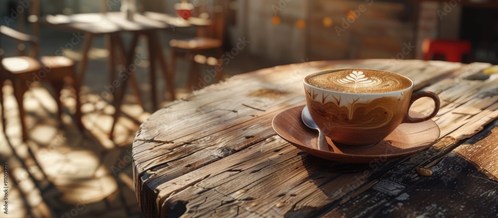 Poster latte art adorned hot coffee cup served in a cafe on a rustic wooden table accompanied by a spoon ba