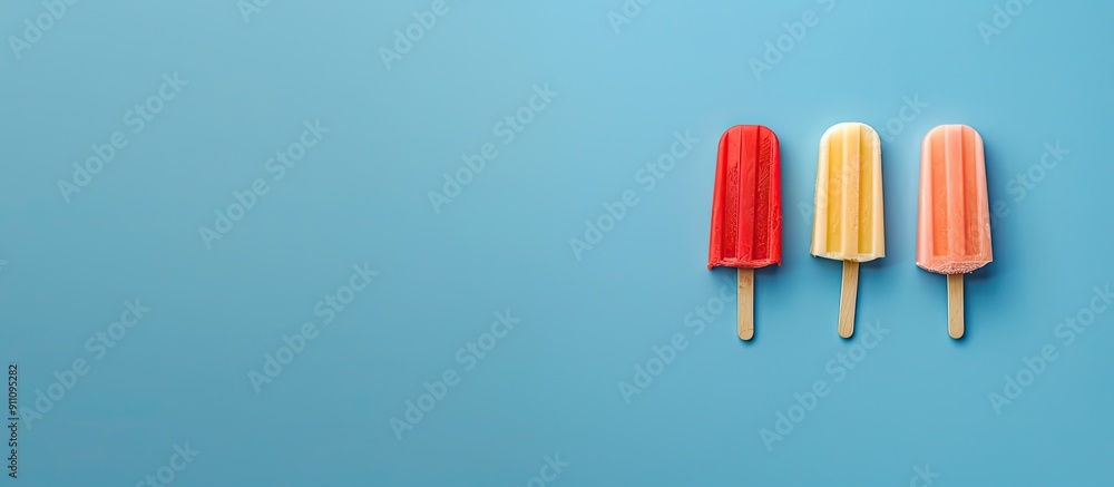 Poster top down view of popsicle and ice cream stick on a blue background with a minimalist summer design f