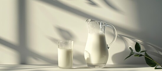 Fresh milk in a glass and jug placed on a white table with room for a text alongside a blank space for an image. Copy space image. Place for adding text and design