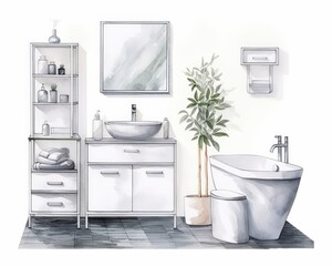 Fototapeta premium Watercolor Sketch of a Modern Bathroom Interior Design