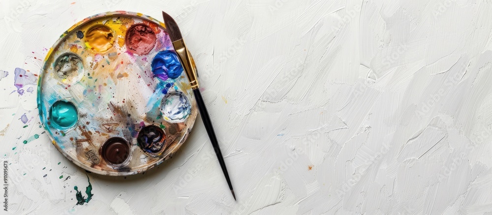 Poster a flat lay composition displaying a watercolor palette and paintbrush on a white backdrop ideal for 