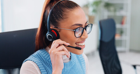Call center, business woman and smile with customer support, advice and online consultation....