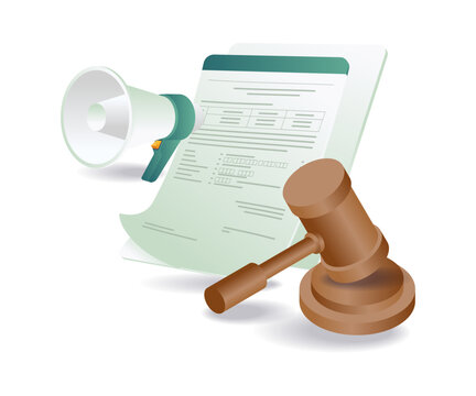 legal concept: gavel, document, megaphone, isometric style clip art preview