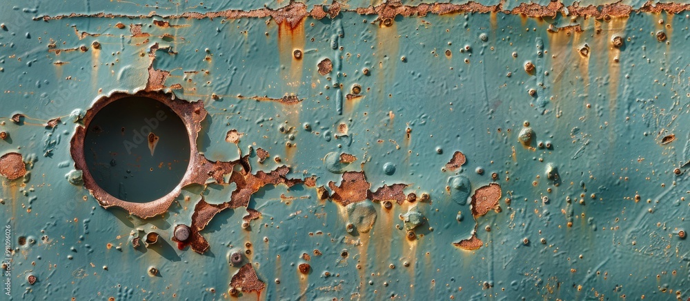 Poster an old metal sheet showing signs of corrosion with a hole displayed in a copy space image