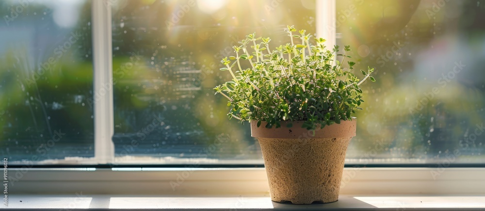 Poster thyme is thriving in a peat pot on a windowsill with ample room for text in the image