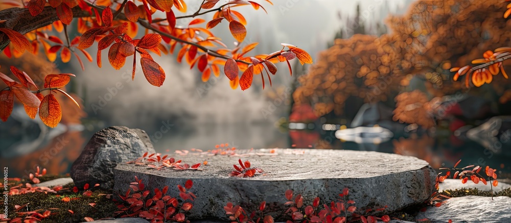 Poster podium made of natural stones set against a fall themed backdrop perfect for adding text or graphics