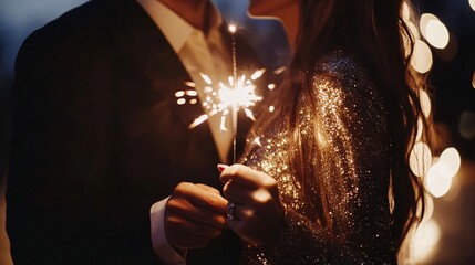 A couple holds a sparkler together, enjoying a romantic moment outdoors under twinkling lights during the evening twilight, surrounded by a warm atmosphere