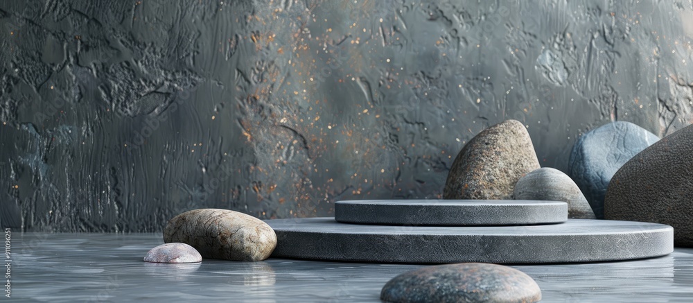 Aufkleber background featuring a podium crafted from authentic stones with copy space image