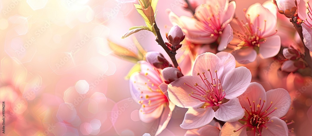 Poster close up of soft pink peach blossoms on a branch with a blank area for additional text or images kno