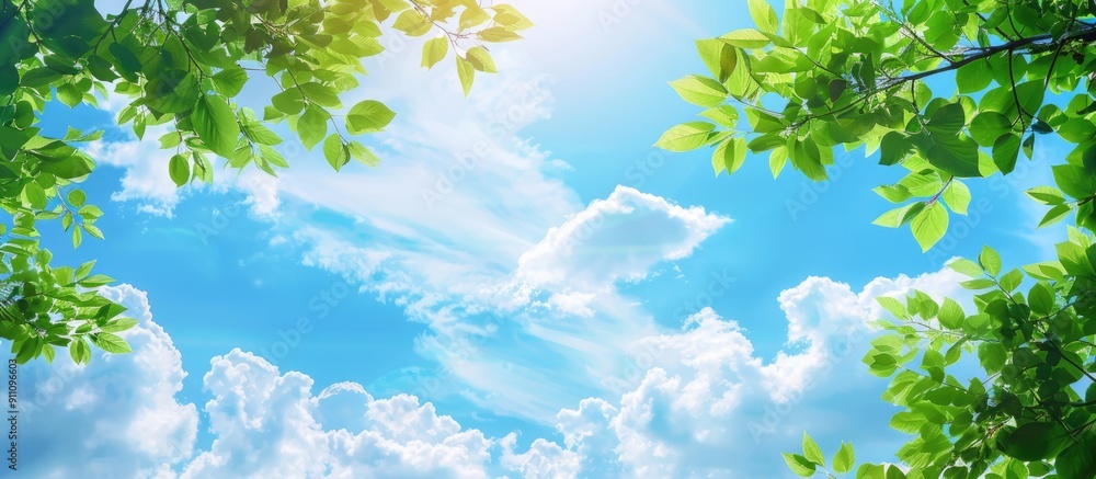 Poster copy space image of green tree branches against fluffy white clouds on a blue sky background with a 