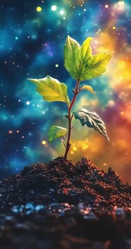 Plant seedling growing in fertile soil against colorful glowing nebula