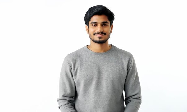 Young handsome Indian man in a gray sweatshirt on a white background