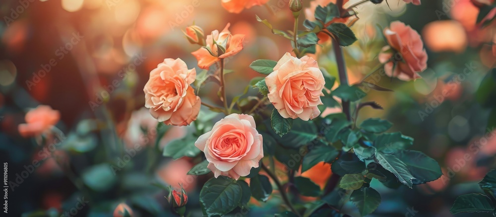 Poster close up of lovely orange roses blooming on a bush in a garden with space for adding text or images.