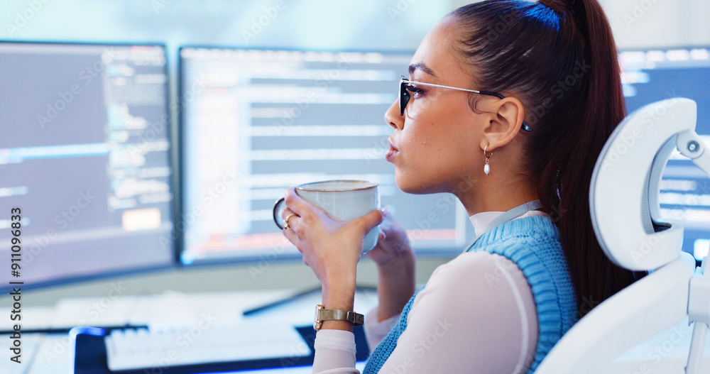 Fototapete Programming, woman or coffee with computer for software development, reading information or system update. Professional, app coding and cyber security with IT database for data analysis and testing