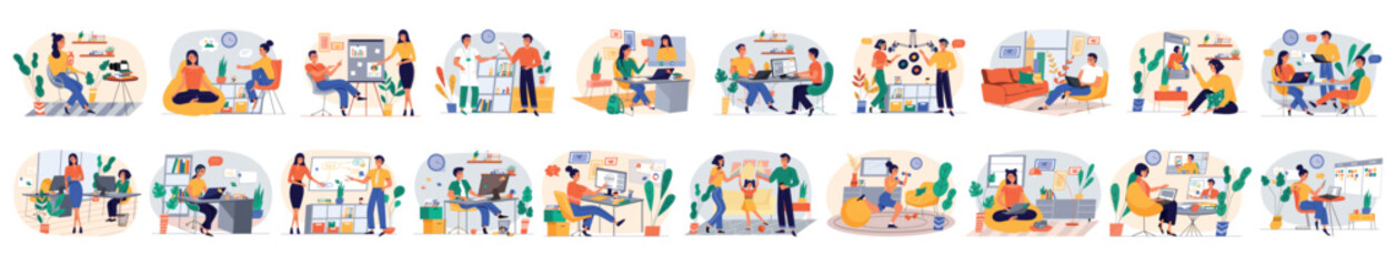 Mega set of colorful concepts with people scene in flat cartoon design. The set of illustrations are done in bright colors and cover a variety of topics. Vector illustration.