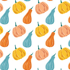 Ripe pumpkin seamless pattern in flat style. Autumn vegetable design for Halloween, food store. Vector illustration on a white background.