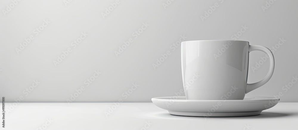 Wall mural White ceramic mug with saucer displayed against a blank background for a copy space image