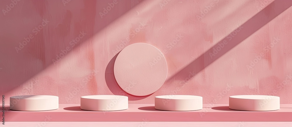 Poster podiums casting shadows on a pink backdrop with copy space image