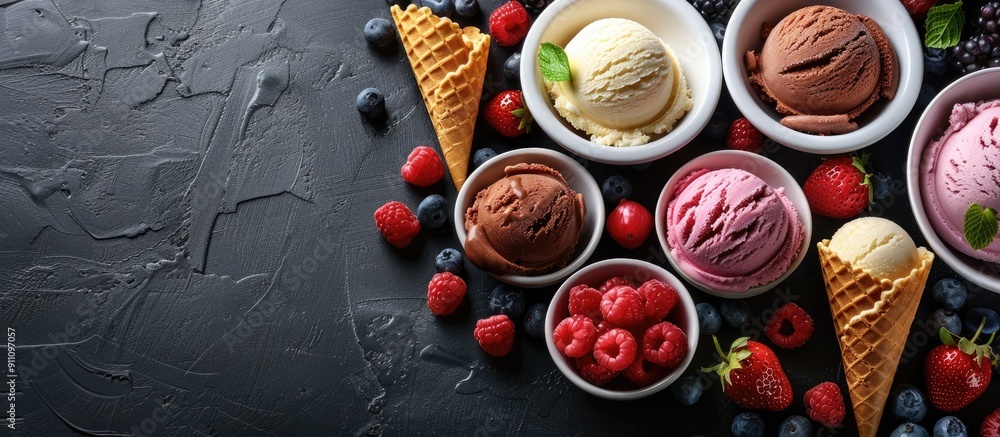 Poster colorful assortment of ice cream in bowls waffle cones and berries displayed on a black background w