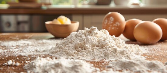 Fototapeta premium High quality image for baking on a kitchen countertop with flour as the backdrop perfect for copy space image