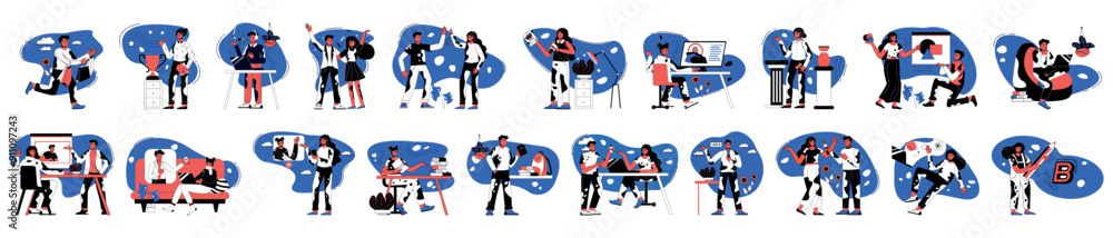 Poster bundle of bright concepts with people scene in flat cartoon design. illustrations on many different 