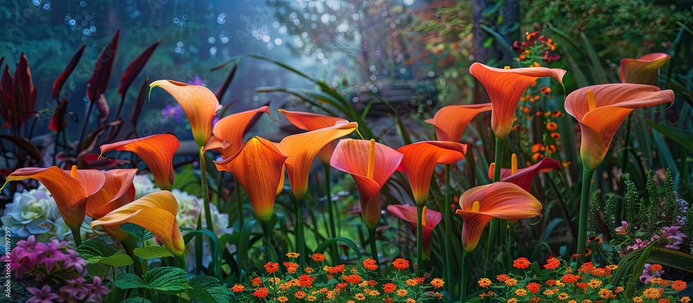 Poster vibrant asian clay lilies provide a colorful display in a charming garden setting with a copy space 
