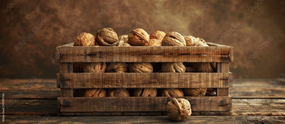 Poster A wooden crate filled with delicious walnuts displayed against a brown backdrop leaving room for more images. Copy space image. Place for adding text and design