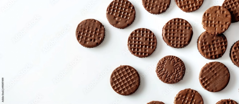 Poster delicious chocolate wafer biscuits arranged on a white backdrop with space for text or images. copy 