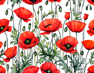 Fototapeta premium Natural texture background with red poppies flowers. Beautiful floral digital illustration. CG Artwork Background