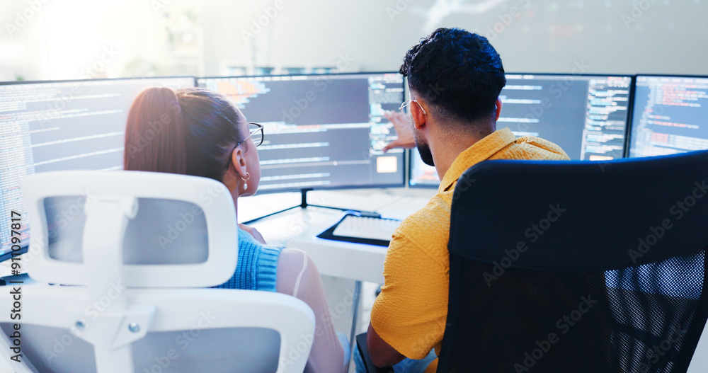 Aufkleber Back, team and computer screen in office for code, web development and software programming. Man, woman and developers in talk for cybersecurity, website design and discussion for collaboration