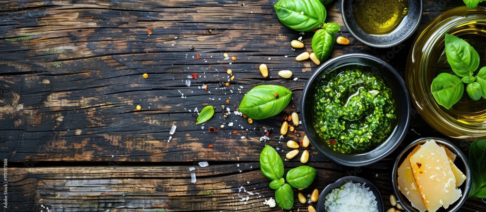 Wall mural Italian basil pesto sauce displayed on a wooden surface with basic ingredients like basil pine nuts Parmesan cheese and olive oil Ample room for text in the image