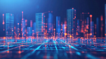 A cityscape with tall buildings and a blue sky. The buildings are lit up with orange lights, giving the impression of a futuristic city. Scene is one of excitement and innovation