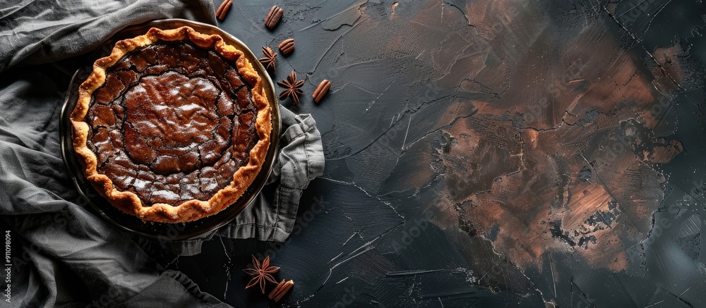 Poster top view image of a whole chocolate curd casserole pie on a stand with ample copy space