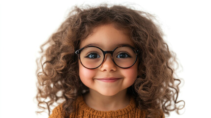 Obraz premium A young girl with curly hair is wearing glasses and smiling. Concept of innocence and playfulness, as the child appears to be enjoying herself