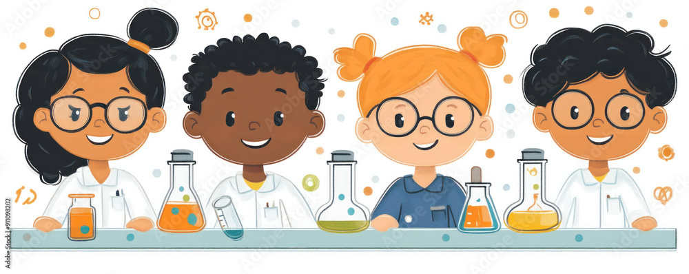 Poster a group of children are sitting at a table with beakers and test tubes. they are all smiling and see